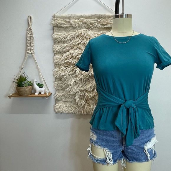 Anthropologie Tops - Anthropologie Teal Crew Tie Tee Short Sleeves ties @ the waist flared 100%Cotton